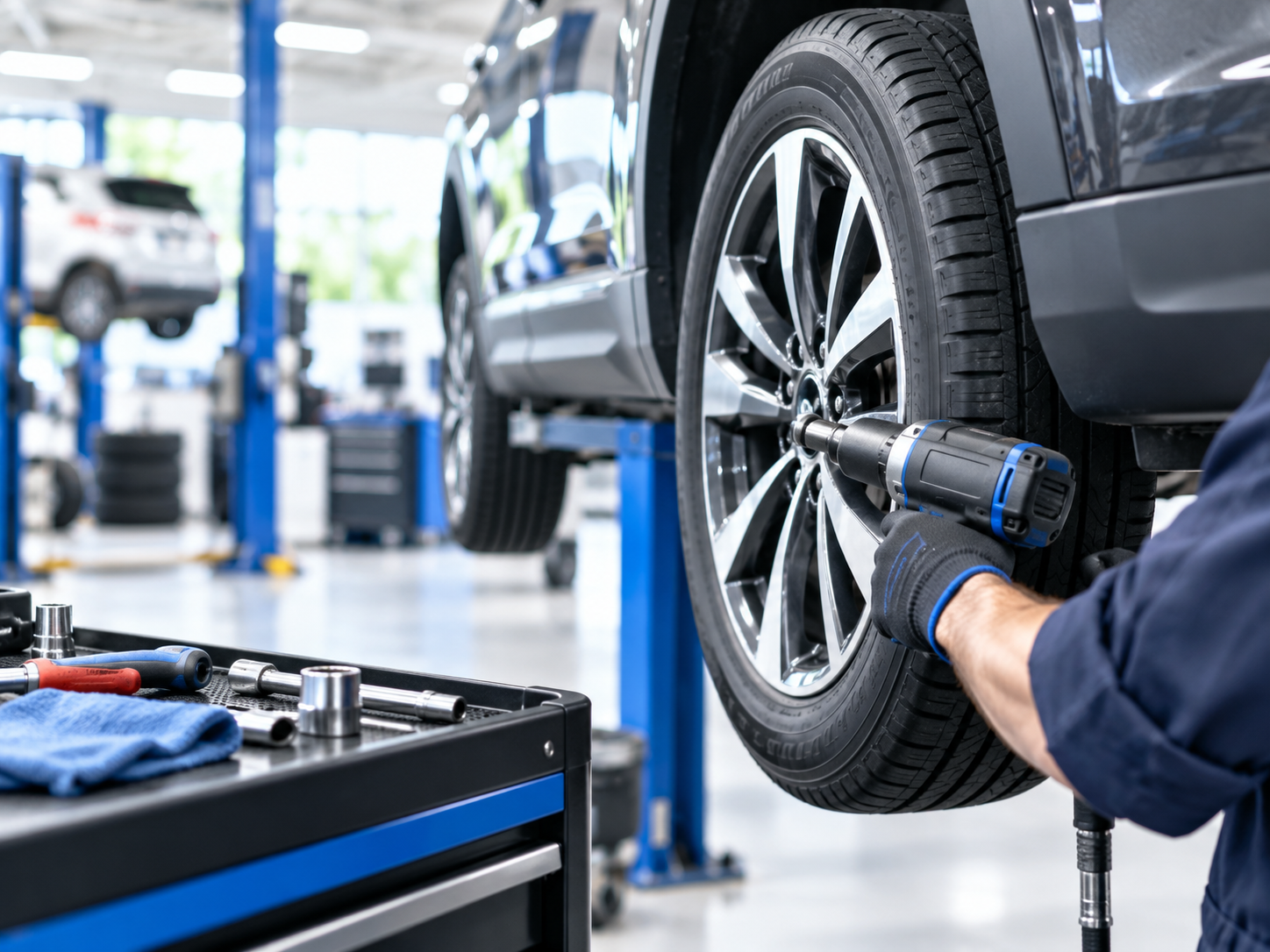 Mechanic servicing a vehicle wheel in an auto shop