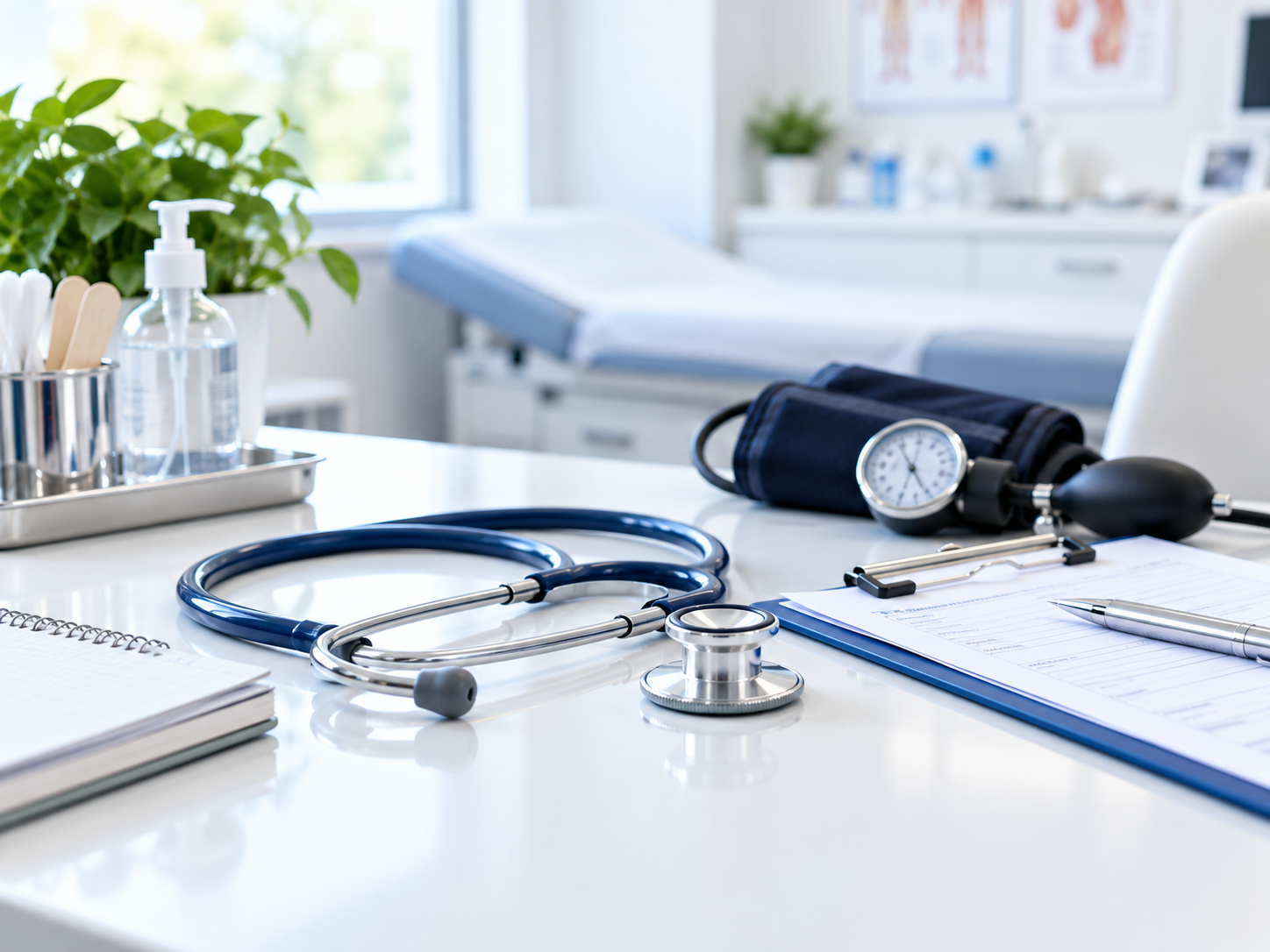 Clean clinic exam room with medical equipment