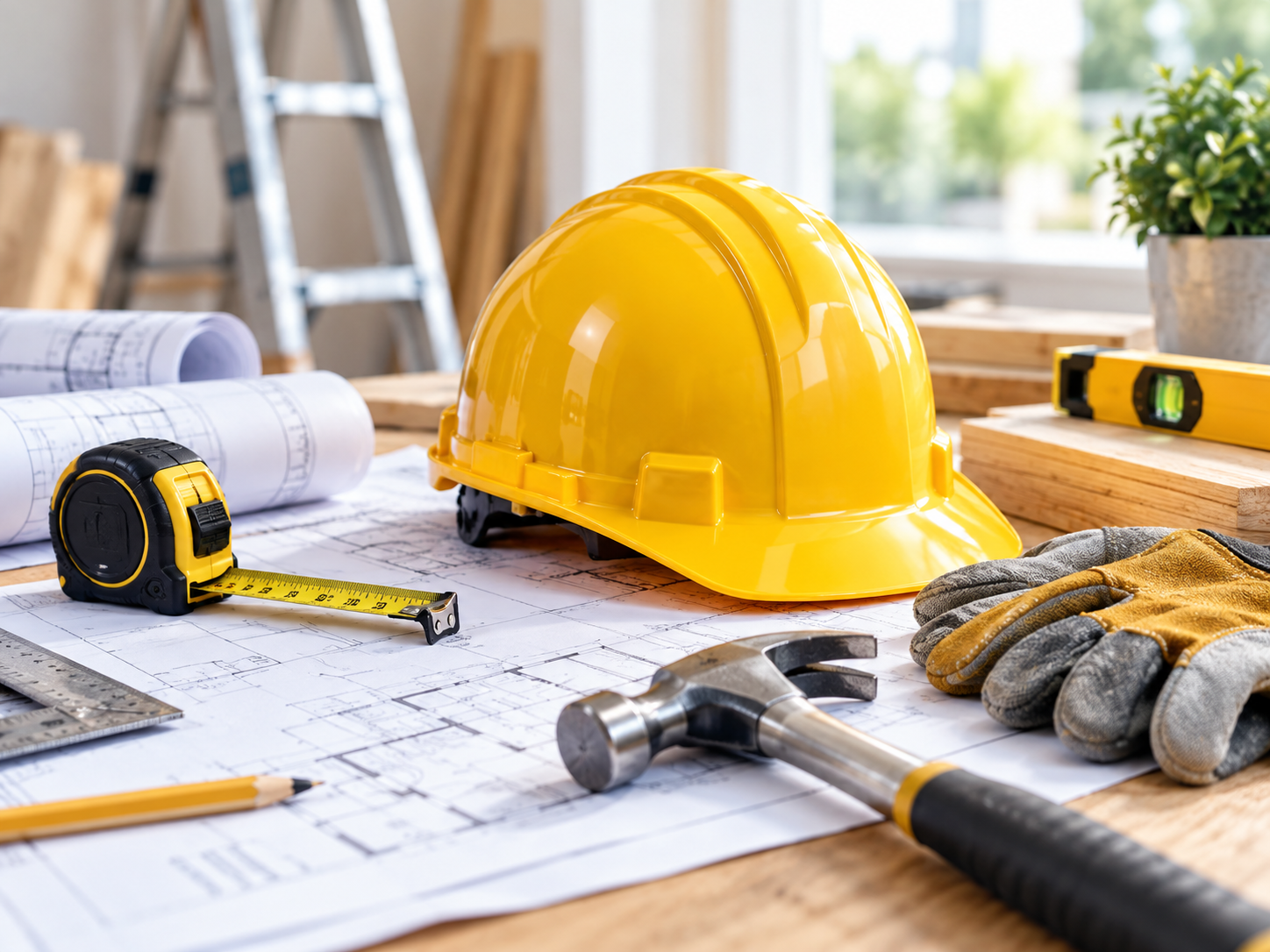 Contractor tools and hard hat on a workbench