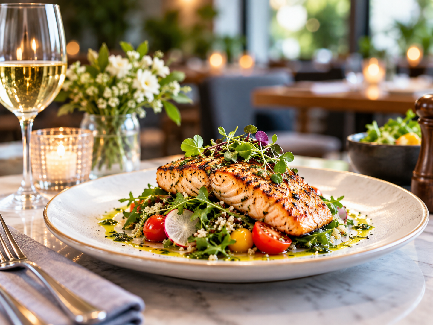 Restaurant entrée plated in an elegant dining setting